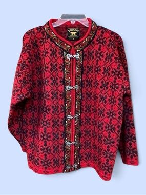 Volund‎ Norwegian Lambswool Cardigan Sweater Jumper Red Black Nordic Toggle Sz S